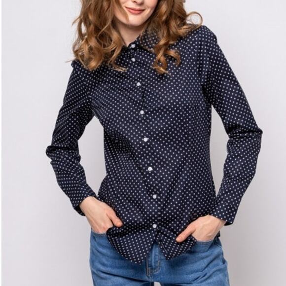L.L.Bean Signature Collection Polka dot Button-up Shirt Size 4 Long sleeve Navy - Picture 1 of 12